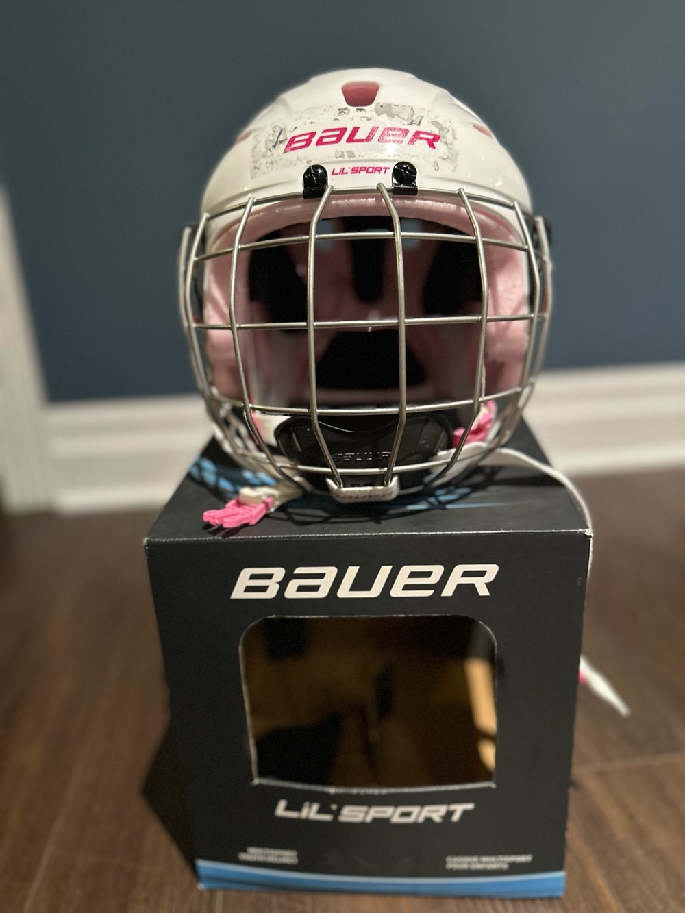 Adjustable Bauer Lil' Sport Hockey Helmet & Cage Combo, Youth, White & Pink